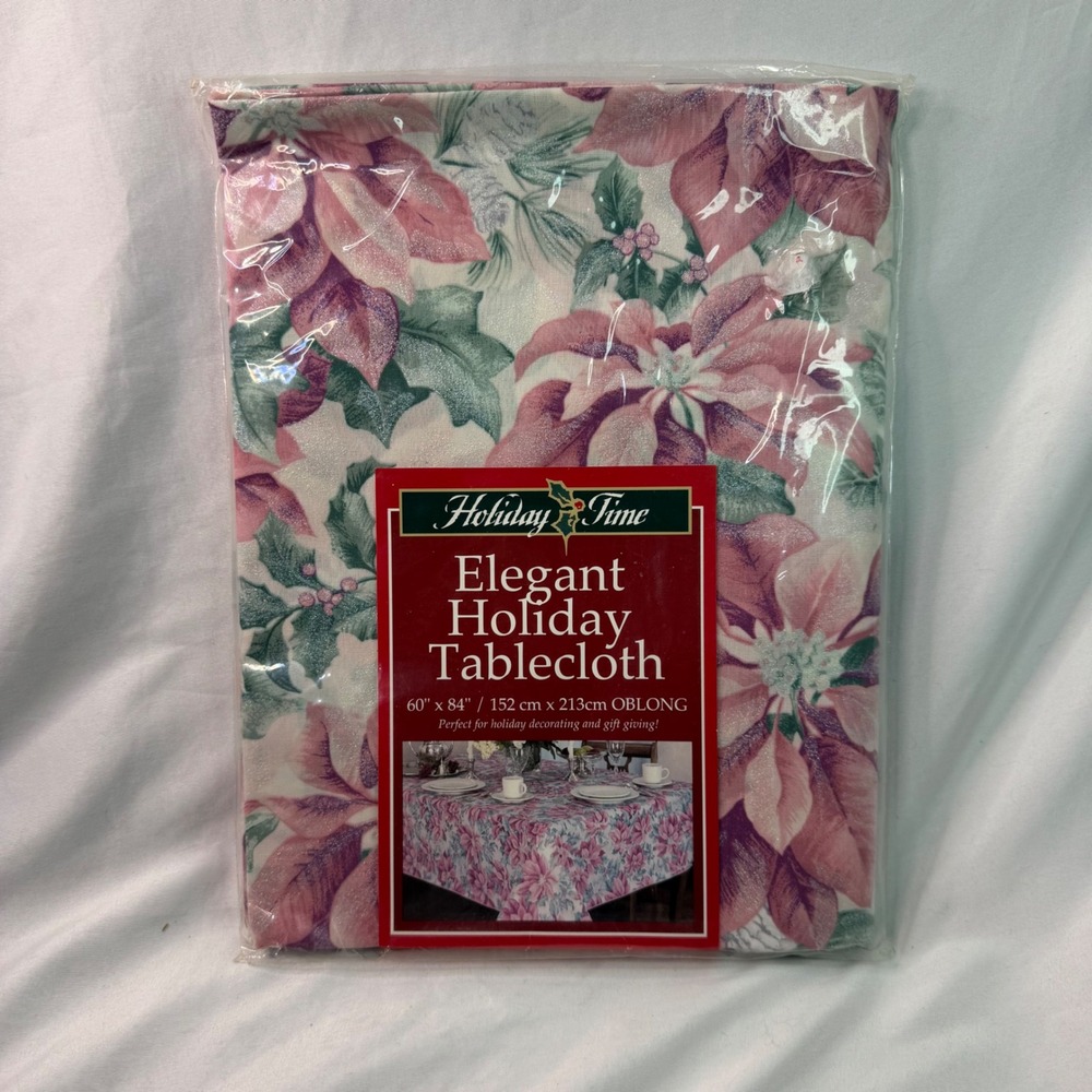 Holiday Time Poinsettia Floral Tablecloth 60x84 Oblong Pink White Christmas New